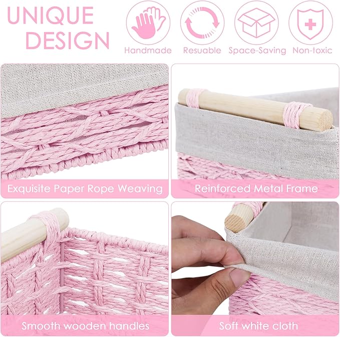 Wicker Storage Basket with Wooden Handle – Paper Rope Decorative Toilet Paper Baskets & Bathroom Organizer for Toilet Tank Top, Shelves, Bedroom, Countertop,Home,Office Storage Bins, 2 Pack,Pink