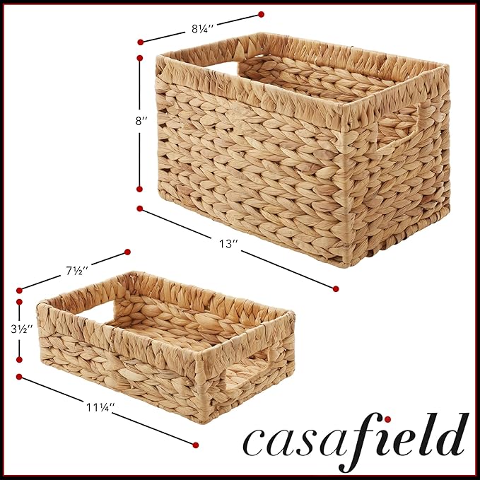 Casafield Set of 3 Water Hyacinth Storage Baskets with Handles - 1-Medium, 2-Small Woven Organizers for Bathroom, Laundry, Pantry, Office, Shelves