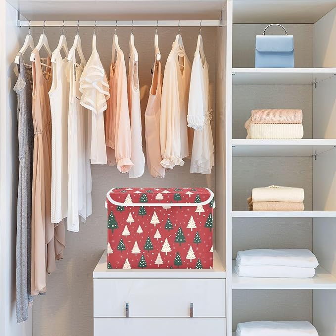 Large Storage Bins with Linen Collapsible Foldable Storage Cubes Fabric Closet Organizer Containers box with Flip-Top Lid for Home Bedroom Office 16.7 x 12.6 x 11.8in (Linen-red Christmas Trees)