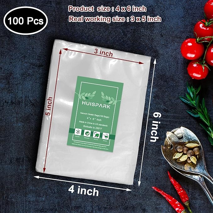 Vacuum Sealer Bags,Heavy Duty Pre-Cut Design Commercial Grade 4x6 Inch Food Sealable Bag for Heat Seal Food Storage, Seal Bag Boilsafe to 280°F Freezable, Resizable,Reuseable (100Pcs)