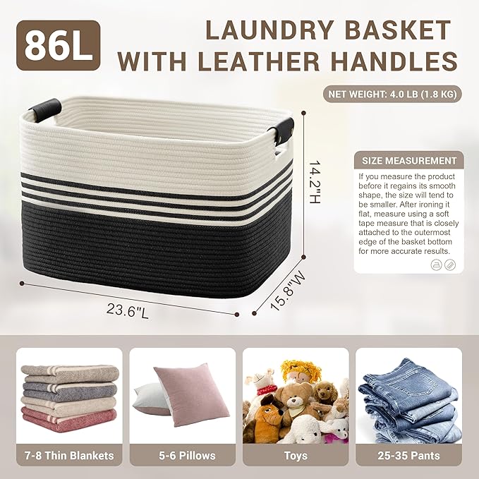 86L Extra Large Laundry Basket with Leather Handles for Living Room Storage, Woven Rope Baskets for Blanket, Kids Toy, Gifts, Wicker Hamper for Bedroom Dirty Clothes, 24"x16"x14" White Black