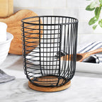 MosJos Coffee Pod Holder -Black Wire K Cup Storage with Wooden Base - Large Capacity Slim Design - Modern Coffee Basket Decor for Kitchen Countertop for Keurig Kcups & Espresso Capsules