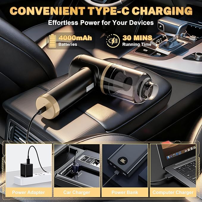 Cozylady Cordless Car Vacuum Cleaner,300000PA Brushless Handheld Vacuum, 6-in-1 Rechargeable&Portable Handheld Vacuum Cleaner for Auto Interior Pet Hair, Home, Office, Kitchen