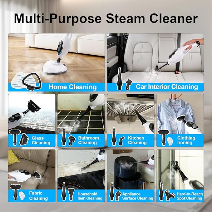 11-in-1 Steam Mop, 1550W Powerful Handheld Steam Cleaner, 260°F Multi-Functional Floor Steamer with 21.3FT Cord for Floors, Hardwood, Tiles, Grout, Windows, Kitchen, Bath, Adjustable (White)