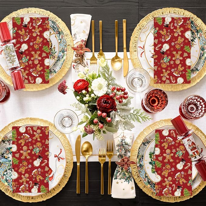 Horaldaily 50 Christmas Disposable Paper Decorative Guest Napkins, Gingerbread Man Hand Towel for Party Lunch Dinner Kitchen Bathroom