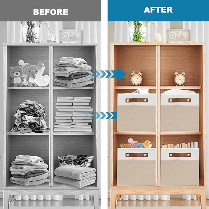 4 Pack Fabric Storage Baskets for Shelves, Closet Storage Bins for Shelves, Fabric Baskets for Organizing with Handles for Home and Office (White with Beige,15"L*10.2"W*9"H)
