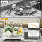 Epicano Dish Drying Rack for Kitchen Counter,Space-Saving Dish Rack,Rustproof Dish Drainer with Utensil Holder and Knife Slots for Sink,Kitchen Drying Rack with Wooden Handle and Cup Holder,White