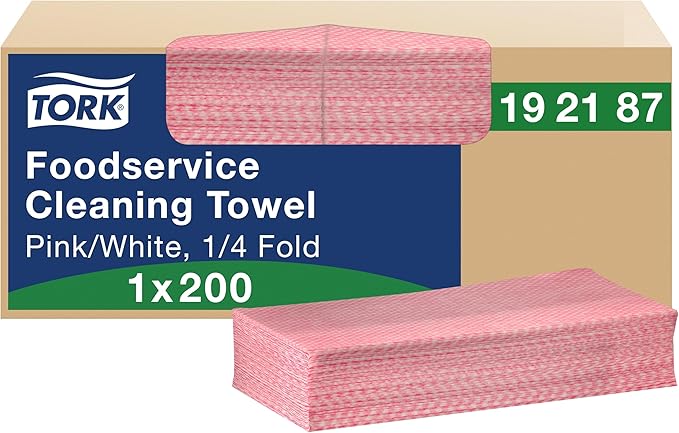 Tork Foodservice Cleaning Towel Pink and White, 1/4 Fold, 1 x 200 Towels, 192187