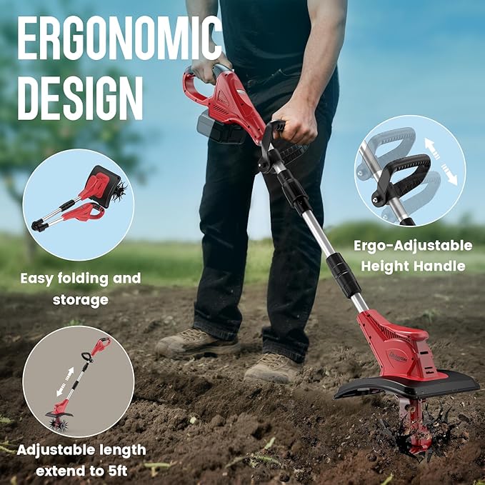 Cordless Tiller Cultivator for Milwaukee 18V Battery (Tool Only), 310RPM Electric Rototiller Garden Tools with 40 Steel Tines, 9.1In Tilling Width & 6.3In Depth Tiller for Gardening, Folding Design