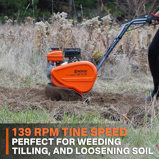 NOVUS 2 in 1 Gas Tiller Cultivator with 79cc 4-Cycle Engine, 9"-17" Tool-Free Tilling Width Adjustment, 24 Steel Tines, Never-Flat Wheels,Front Tine Gardon Tiller for Lawn, Field Soil Cultivation