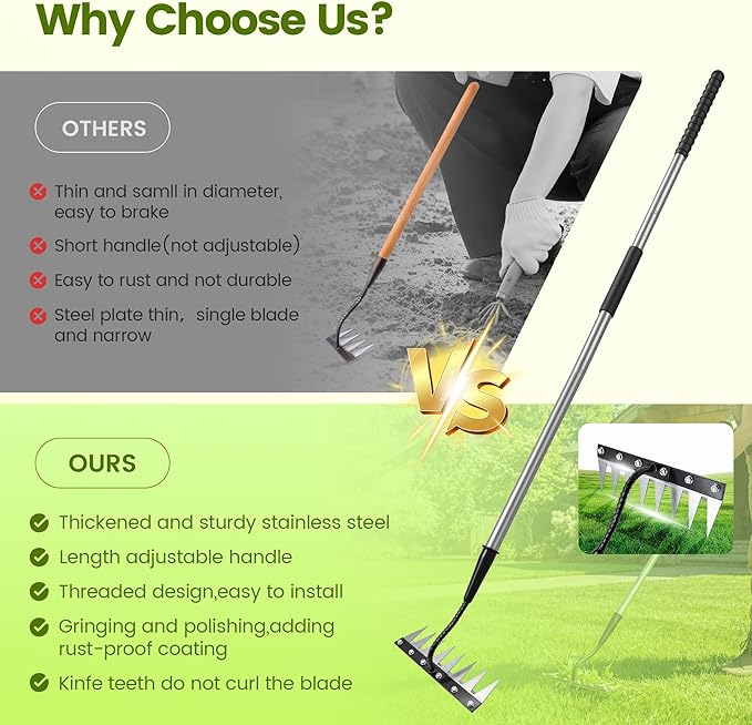 Iron Weeding Rake with Long Handle - Upgraded 8 Teeth Weed Puller Tool, Heavy Duty Manual Weeder Remover Tool for Weeding, Cultivating & Soil Aeration