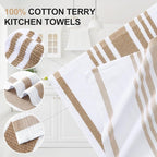 Homaxy Premium Kitchen Towels 18”x 28”, Large Cotton 380 GSM Kitchen Hand Towels, Stripe and Terry Dish Towel, Highly Absorbent Tea Towel Set with Hanging Loop, 6 Pack, Khaki
