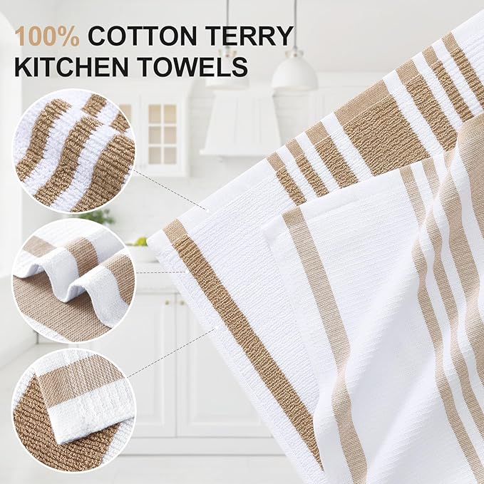 Homaxy Premium Kitchen Towels 18”x 28”, Large Cotton 380 GSM Kitchen Hand Towels, Stripe and Terry Dish Towel, Highly Absorbent Tea Towel Set with Hanging Loop, 8 Pack, Khaki