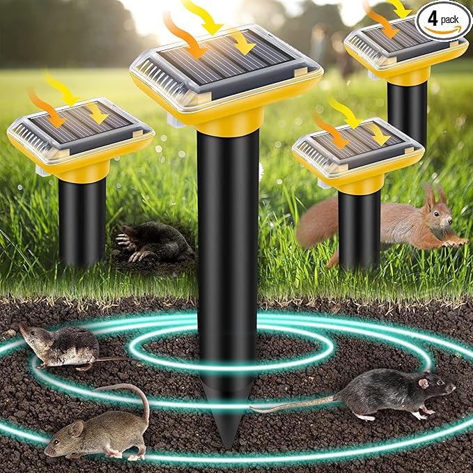 Solar Ultrasonic Mole Repellent, Gopher Repeller Outdoor, 4 Packs Solar Powered Waterproof Snake Repellent Deterrent Gopher Vole Snake Pest and Other Animals from Lawn Garden Yard Home(Yellow)