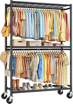 Sakugi Clothes Rack - Double Hanging Rod Clothing Rack with Wheels & Leveling Feet, Large Capacity Wardrobe Closet with Shelves for Bedroom, Laundry Room, Entryway, 45.2" x 12.6" x 80.7", Black