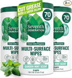 Seventh Generation Multi-Surface Wipes, 70 Count, Pack of 3, Garden Mint, Plant-Based Cleaning Wipes, No Harsh Fumes or Residue, Safe Around Kids