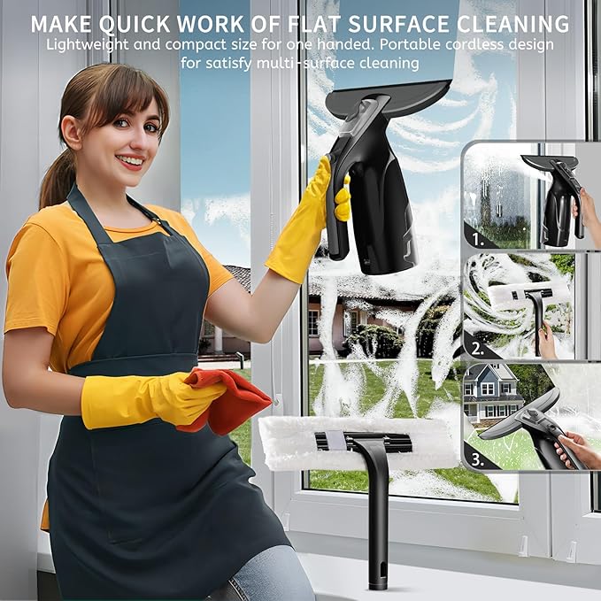Window Vacuum Squeegee Cordless, Window Vac with Detachable Water Tank and Strong Suction, Electric Window Cleaning Tool for Shower Wall, Glass, Mirror, Countertop, Tiles, Car Windshield