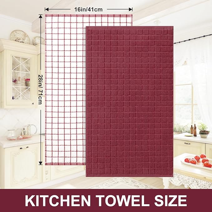Homaxy Premium Cotton Kitchen Towels 16"x 28", Large Natural Ring Spun 390 GSM Dish Towels, Super Absorbent Terry Kitchen Hand Towels, Soft Tea Towel with Hanging Loop, Red Check Design,6 Pack