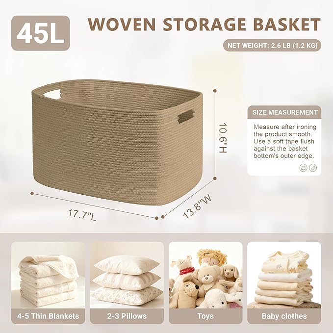 45L Small Wicker Laundry Basket for Living Room Storage,Cute Boho Woven Cotton Rope Baskets for Kids Toy,Gifts,Square Blanket Hamper for Bedroom Dirty Clothes,Jute