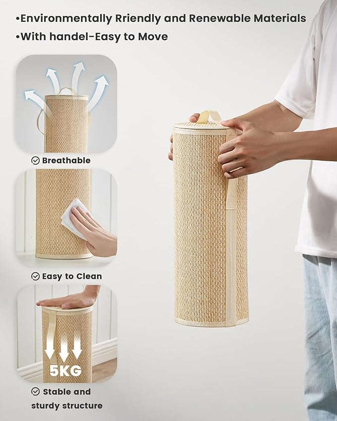Bamboo Toilet Paper Storage Basket with Lid & Handle - 10L Handwoven Bathroom Organizer for 4 Rolls - Sturdy Stand Holder for Toilet Paper Organization, Light Natural