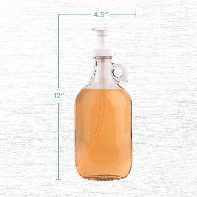 kitchentoolz Half Gallon Glass Pump Dispenser Bottle, Large Jug with Pump for Laundry Soap Dispenser, Liquid Detergent, Fabric Softener, Syrup Pump - 64 oz Made in USA
