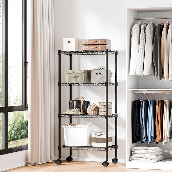 DUMOS 4 Tier Metal Shelving, Heavy Duty Shelves Wire Shelving Unit with Removable Wheel Casters, Shelves Organizer for Bathroom Garage Living Room Kitchen Pantry Laundry Black