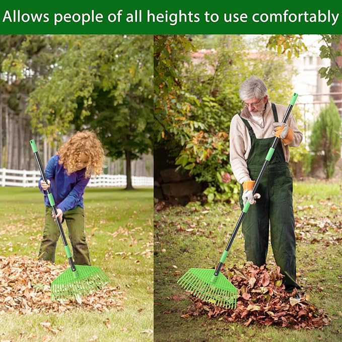 Plastic Rake for Leaves, 23 Tines 16" Wide Plastic Lawn Gravel Shrub Leaf Rake for Leaves and Grass, Thatch Garden Rakes for Yard Heavy Duty Long Handle 35-55"
