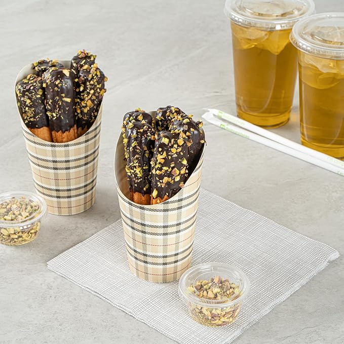 Restaurantware Bio Tek 16 Ounce French Fry Containers, 100 Disposable Charcuterie Cups - Incline Design, Round, Plaid Paper French Fry Cups, Stackable, For Waffles, Chips, or Popcorn
