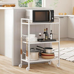 3-Tier Metal Storage Rack with Industrial Wheels,Mesh Shelving Unit with Wooden Table top,Adjustable Shelf,23.6-Inch Width,for Kitchen,Laundry,Pantry,Plant,Oak panel and white frame