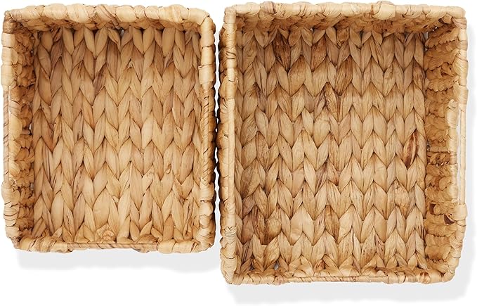 Casafield Set of 2 Water Hyacinth Pantry Baskets with Handles - Natural, Woven Storage Bin Organizers for Kitchen Shelves, Medium and Large Sizes