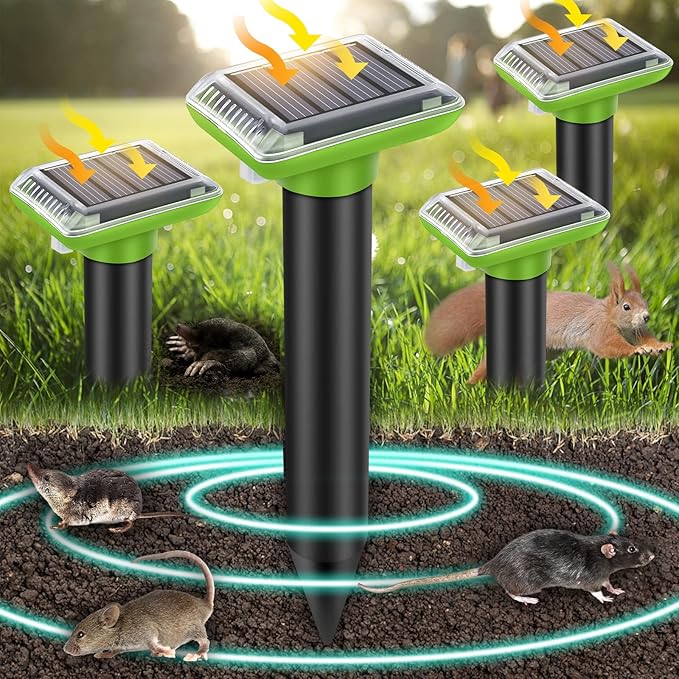 Solar Mole Repellent, Ultrasonic Gopher Repeller Outdoor, Solar Powered Waterproof Snake Repellent Deterrent Gopher Vole Snake Pest and Other Animals from Lawn Garden Yard Home(4 Packs)