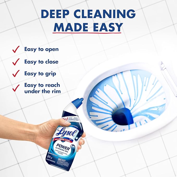 Lysol Toilet Bowl Cleaner, Max Strength Bathroom Cleaning Supplies, Toilet Bowl Cleaner Clinging Gel, Disinfecting and Deodorizing, Bleach Free, Atlantic Fresh + Forest Rain 24 oz (4 ct)