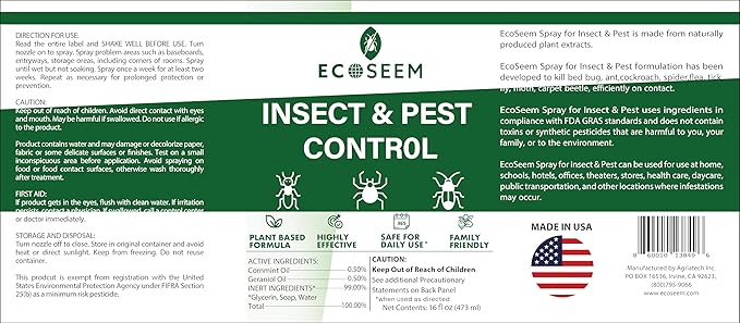 Insect & Pest Control Spray – Natural Essential - Bug Killer & Insect Repellent, Kills Ant, Spiders, Carpet Beetles, Roaches, Flies- Safe for Pets & Family, Indoor & Outdoor Use 16OZ