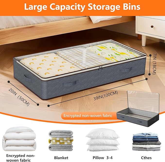 90L Under Bed Storage Containers,2-Pack Closet Organizers and Storage Bins,for Organization and Storage Clothes, Shoes, Blankets & Pillows,Visible Transparent Top Storage Bins with Lids, Black