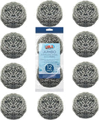 Stainless Steel Wool Scourer -Jumbo Sized- 12 Pack, 35 Grams, by LOLA, Curled Flat Wire, Cleans Caked On & Baked On Messes on Cookware