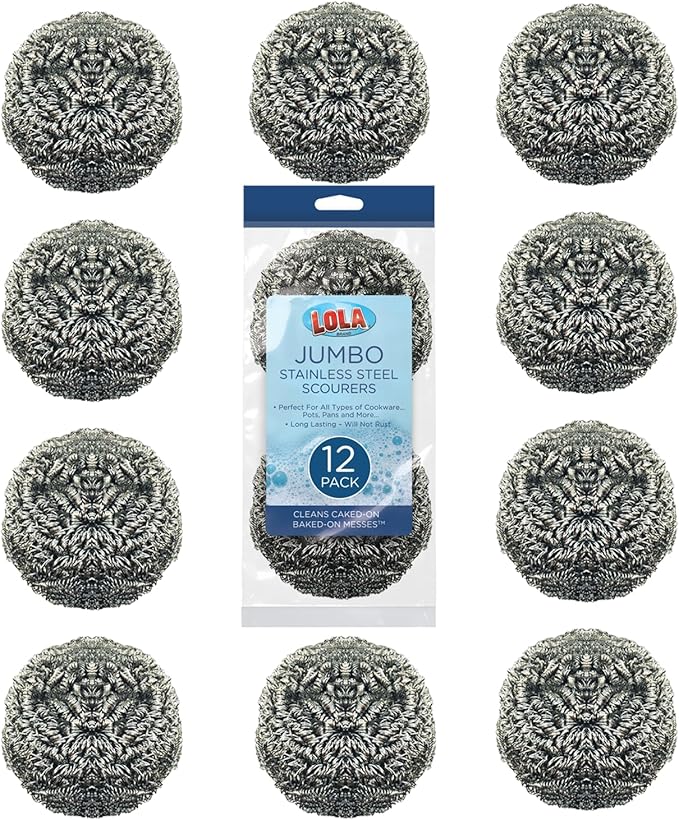 Stainless Steel Wool Scourer -Jumbo Sized- 12 Pack, 35 Grams, by LOLA, Curled Flat Wire, Cleans Caked On & Baked On Messes on Cookware