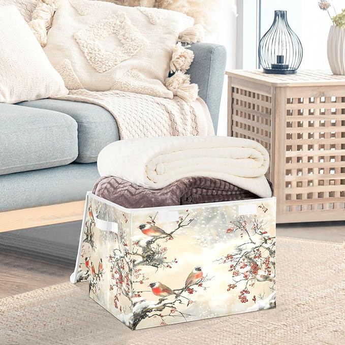 Large Storage Bins with Linen Collapsible Foldable Storage Cubes Fabric Closet Organizer Containers box with Flip-Top Lid for Home Bedroom Office 16.7 x 12.6 x 11.8in (Pattern Color Bird Tree Fruit)