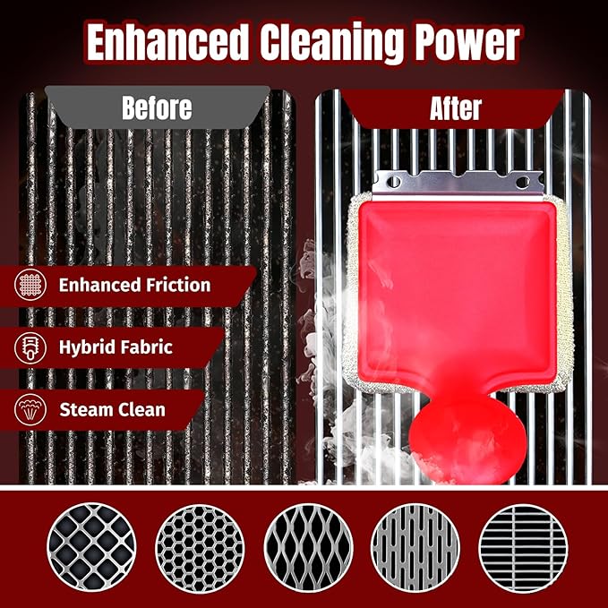 SHINESTAR Bristle-Free Griddle Cleaning Kit – BBQ Steam Grill Brush with 2 Replacement Heads & Scraper for Cast Iron & Stainless Steel Grates,Excellent Grill Tools, Red