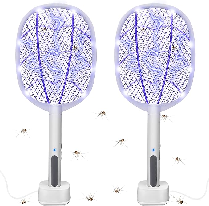 Electric Fly Swatter Rackets, 2-in-1 Handhold Bug Zapper with 3000V High Voltage, Plug-in Mosquito Killer Insect Light Trap with 3 Layer Safety Mesh Portable for Indoor Outdoor Use (2)