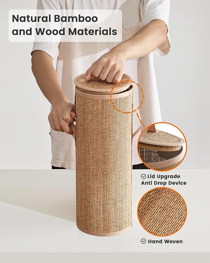 Bamboo Toilet Paper Storage Basket with Lid & Handle - 10L Handwoven Bathroom Organizer for 4 Rolls - Sturdy Stand Holder for Toilet Paper Organization, Carbon Brown