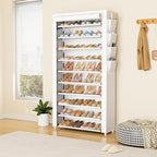VTRIN Tall Shoe Rack with Cover, 10 Tier Shoe Organizer Storage for 50-55 Pairs Shoes and Boots Large Capacity Shoe Shelf with 8 Pockets Free Standing Shoe Rack for Closet, Entryway, Garage, White