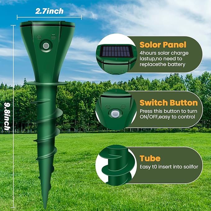 Solar Mole Repellent Ultrasonic, Vole Repeller with 3 Modes & IP65 Waterproof, Gopher & Snake Repellent for Lawn Garden Farm, 5000 SqFt Coverage for Moles Gophers Voles Snakes Groundhogs, 2 Pack