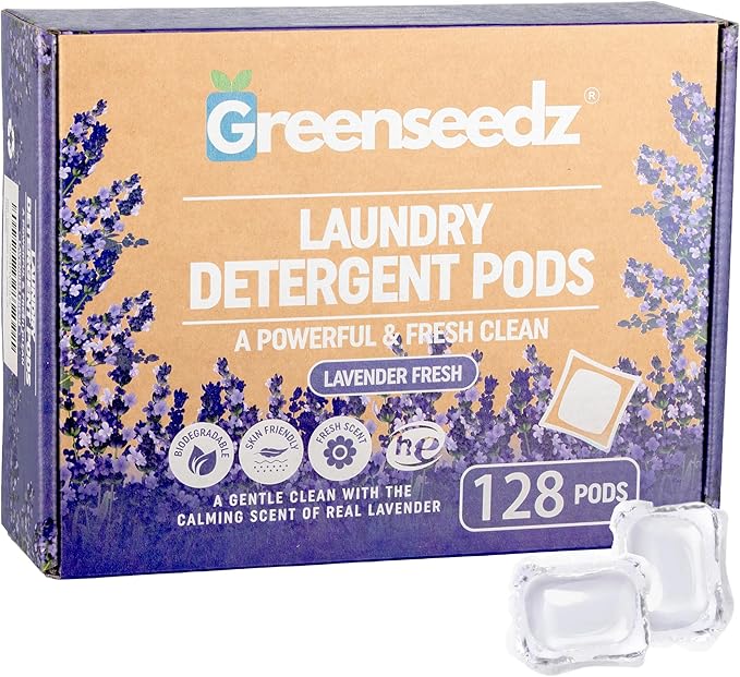 Greenseedz Laundry Pods, Fresh Lavender Scent, 128 Pacs, Eco Friendly, Powerful Clean, Skin Friendly, Biodegradable, HE Compatible