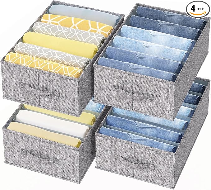 Fixwal 4pcs Wardrobe Clothes Organizer with Board Closet Organizers and Storage 6 Grids Divider Organizers Compartment Storage Bins for Jeans T-shirt Pants Legging