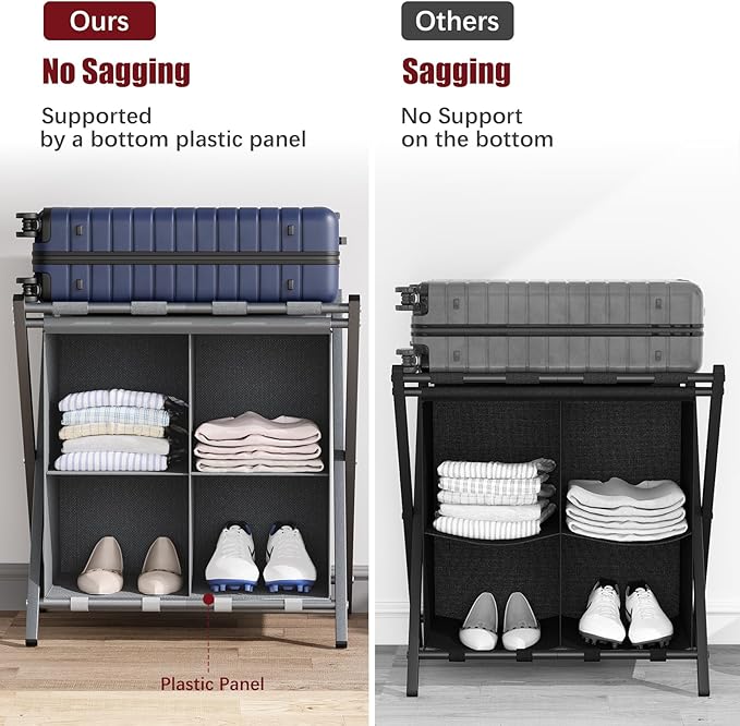 aboxoo Luggage Rack with storage, Guest Room Folding Suitcase Stands, Holds up to 120 lb, Space Saving Suitcase Holders for guest room, Bedroom Hotel, Grey