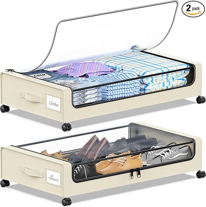 YAASHEEN Under Bed Storage with Wheels, Under the Bed Storage Containers with Clear Lids & Label, Underbed Storage Bins, XXL 60L Rolling Metal Drawer for Clothes, Shoes, Toys, Books (Beige)