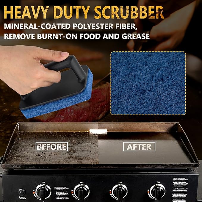 LIOUXUE Griddle Cleaning Kit for Blackstone, Flat Top Grill Cleaning Kit with Griddle Brush with Handle, Grill Stone Cleaning Brick, Scouring Pads & Griddle Scraper- Easy to Remove Stain