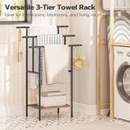 HOOBRO 39.4" Tall Freestanding Towel Rack for Bathroom, 3 Tier Stepped Blanket Rack with Shelf, Oversized Bath Towels Drying and Display Rack, Black and Rustic Brown BF50LB01
