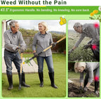 Weed Puller Tool, Heavy Duty Gardening Hand Tools with 4-Claw Steel Head & Dual-Eject Mechanism, 43.5" Bamboo Long Handle Stand Up Weeding Tool for Lawn Yard, Includes 16 Gallon Leaf Bag