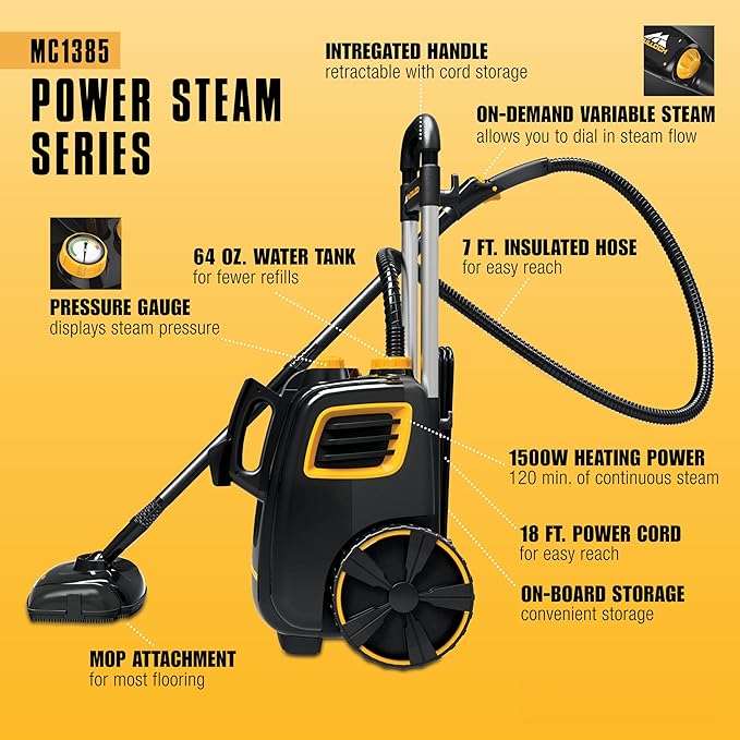 McCulloch MC1385 Deluxe Canister Steam Cleaner, 2-Hour Runtime, Chemical-Free, 23 Accessories: Mop Head, Brushes & More - Built for Home, Tile, Carpet, Furniture, & Personal Car Detailing